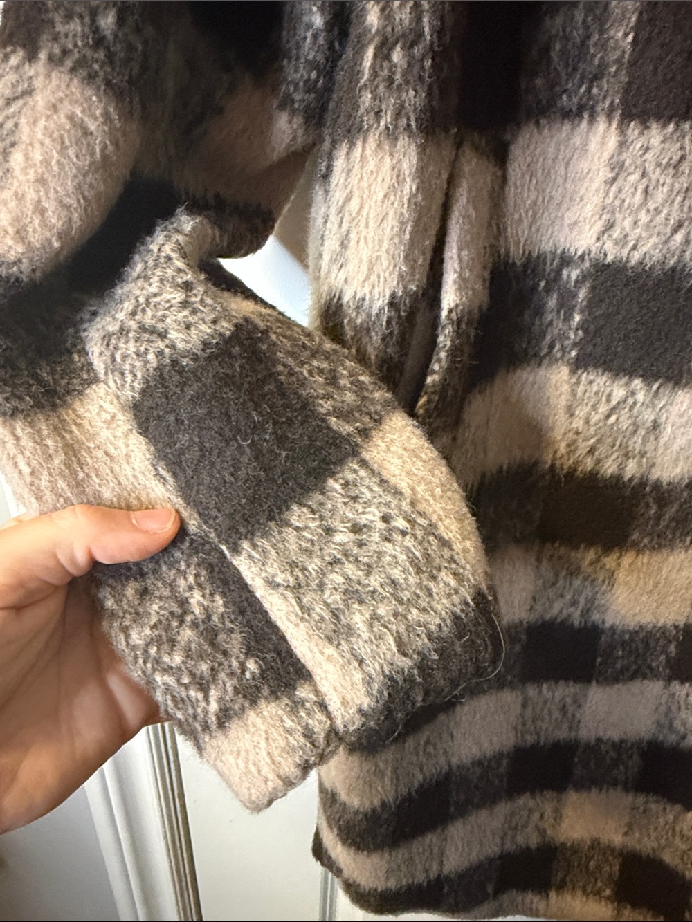 ONLY Beige and Brown Checked Long Peacoat with Wide Lapel - Picture 5 of 6
